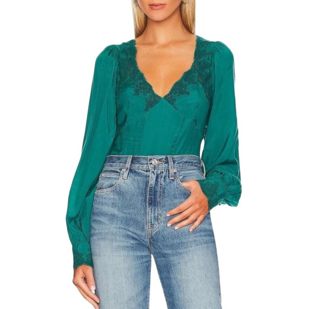 Free People Janelle V-Neck Lace Trim Corset-Style Blouse Teal Balloon Sleeves S